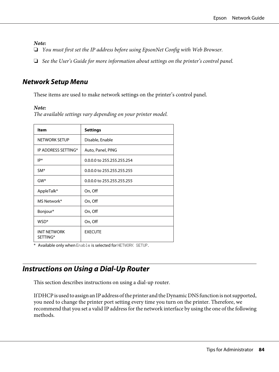 Network setup menu, Instructions on using a dial-up router | Epson AcuLaser C9300 User Manual | Page 84 / 92