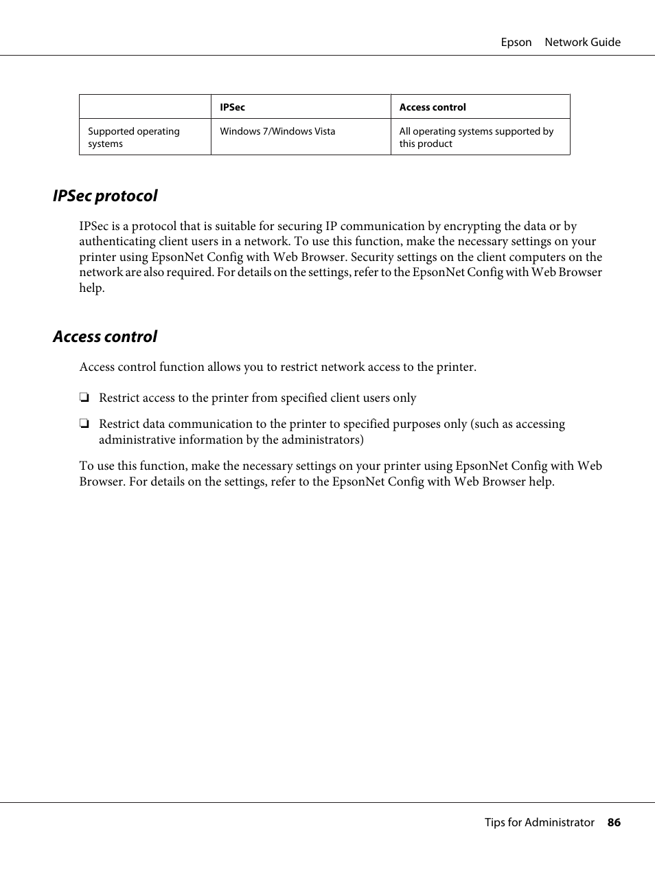 Ipsec protocol, Access control, Ipsec protocol access control | Epson AcuLaser C9300 User Manual | Page 86 / 92
