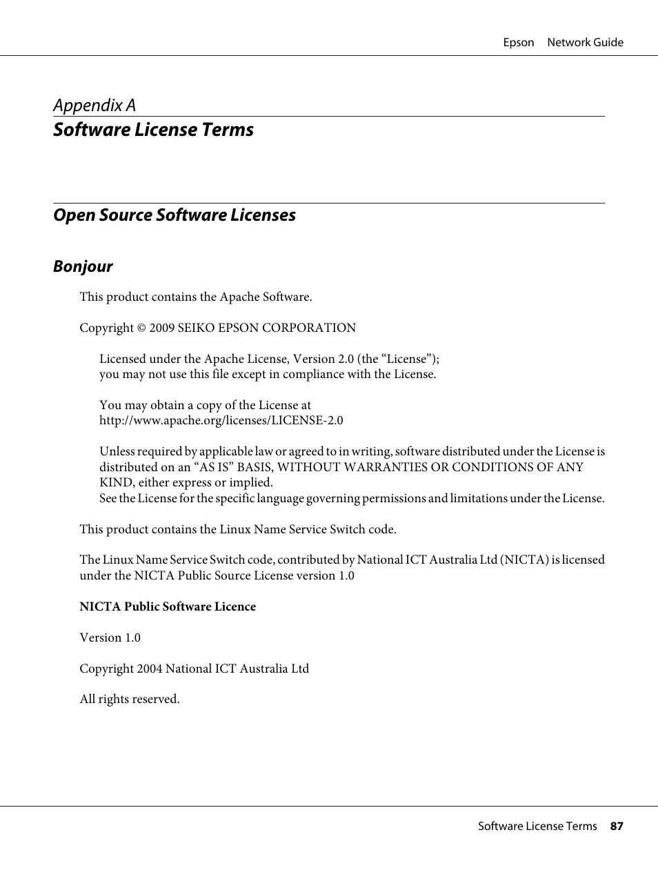 Software license terms, Open source software licenses, Bonjour | Appendix a software license terms, Appendix a | Epson AcuLaser C9300 User Manual | Page 87 / 92