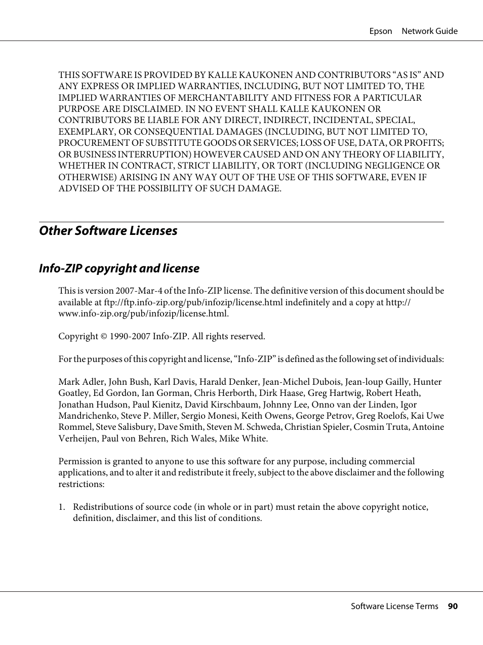 Other software licenses, Info-zip copyright and license | Epson AcuLaser C9300 User Manual | Page 90 / 92