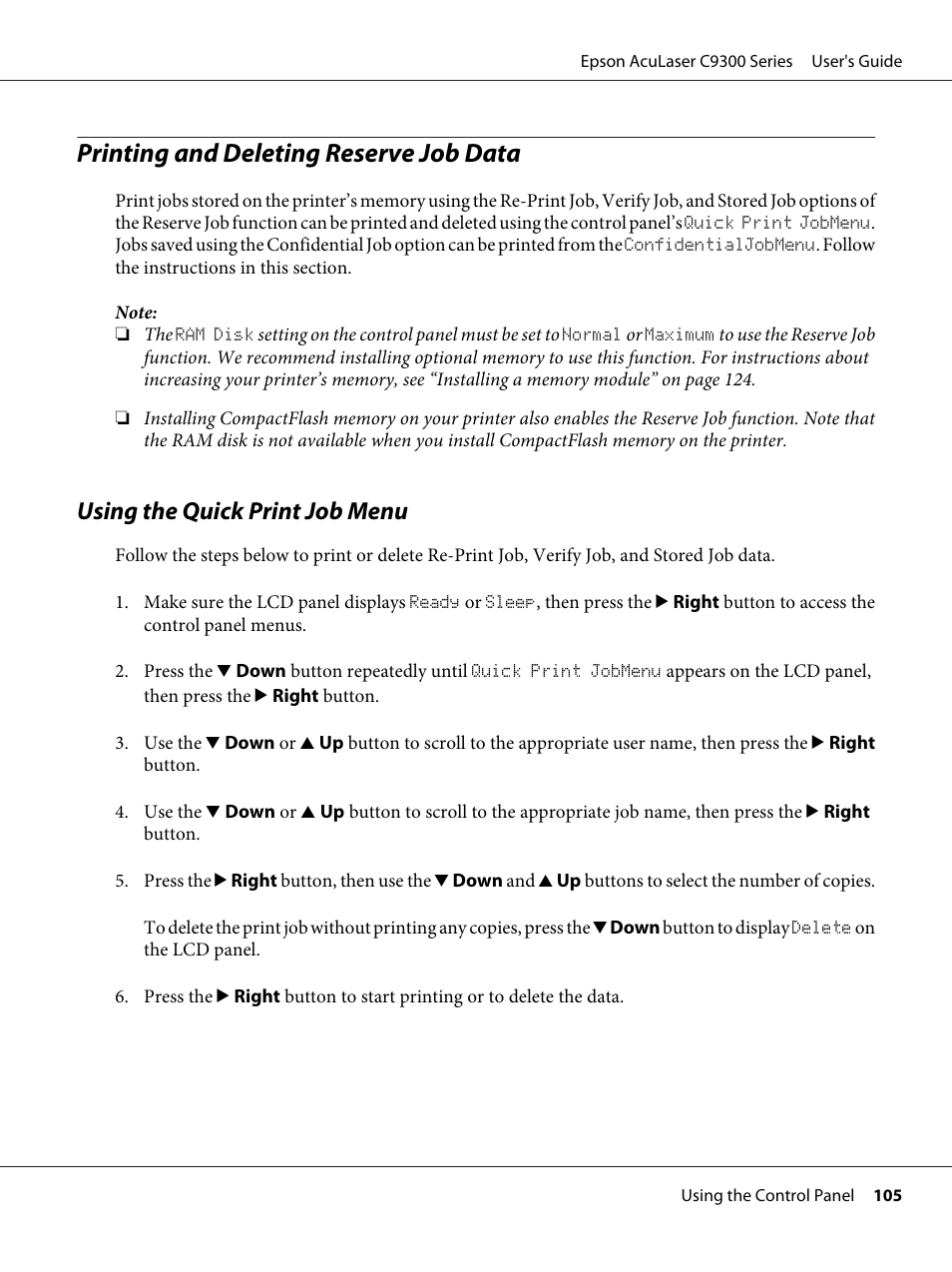 Printing and deleting reserve job data, Using the quick print job menu | Epson AcuLaser C9300 User Manual | Page 105 / 210