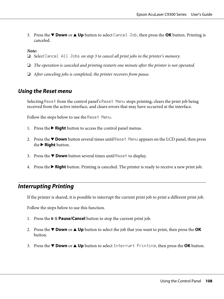 Using the reset menu, Interrupting printing | Epson AcuLaser C9300 User Manual | Page 108 / 210