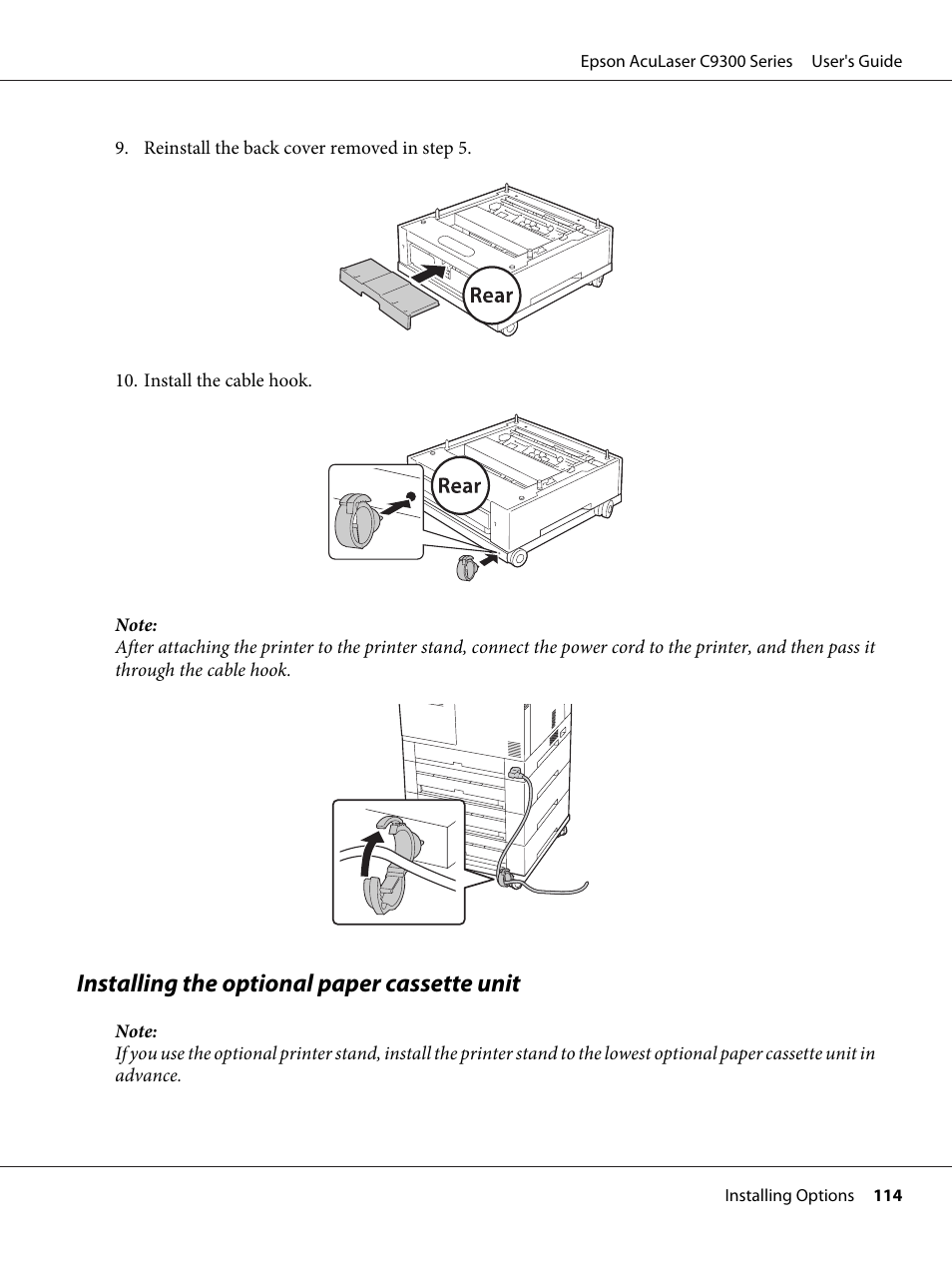 Installing the optional paper cassette unit | Epson AcuLaser C9300 User Manual | Page 114 / 210