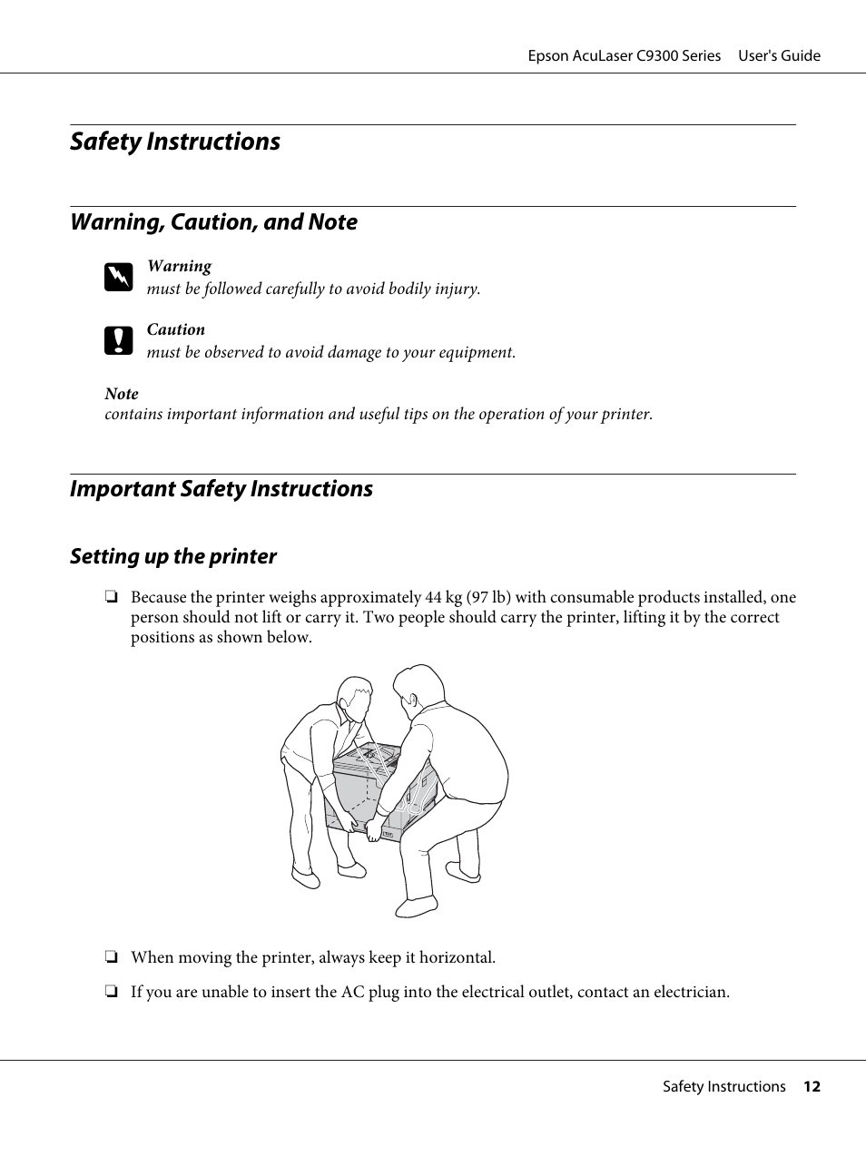 Safety instructions, Warning, caution, and note, Important safety instructions | Setting up the printer | Epson AcuLaser C9300 User Manual | Page 12 / 210