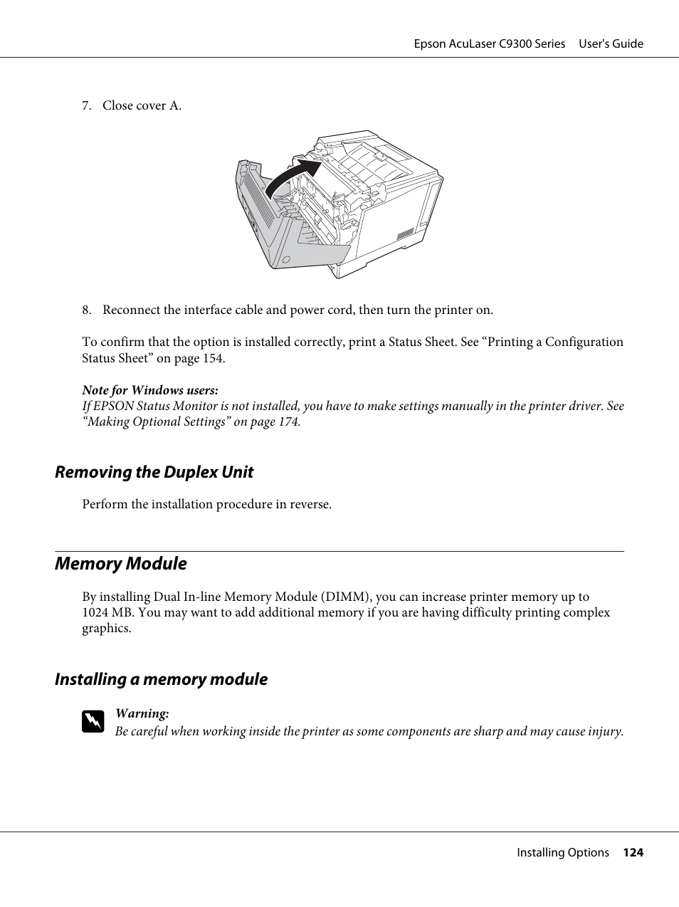 Removing the duplex unit, Memory module, Installing a memory module | Epson AcuLaser C9300 User Manual | Page 124 / 210