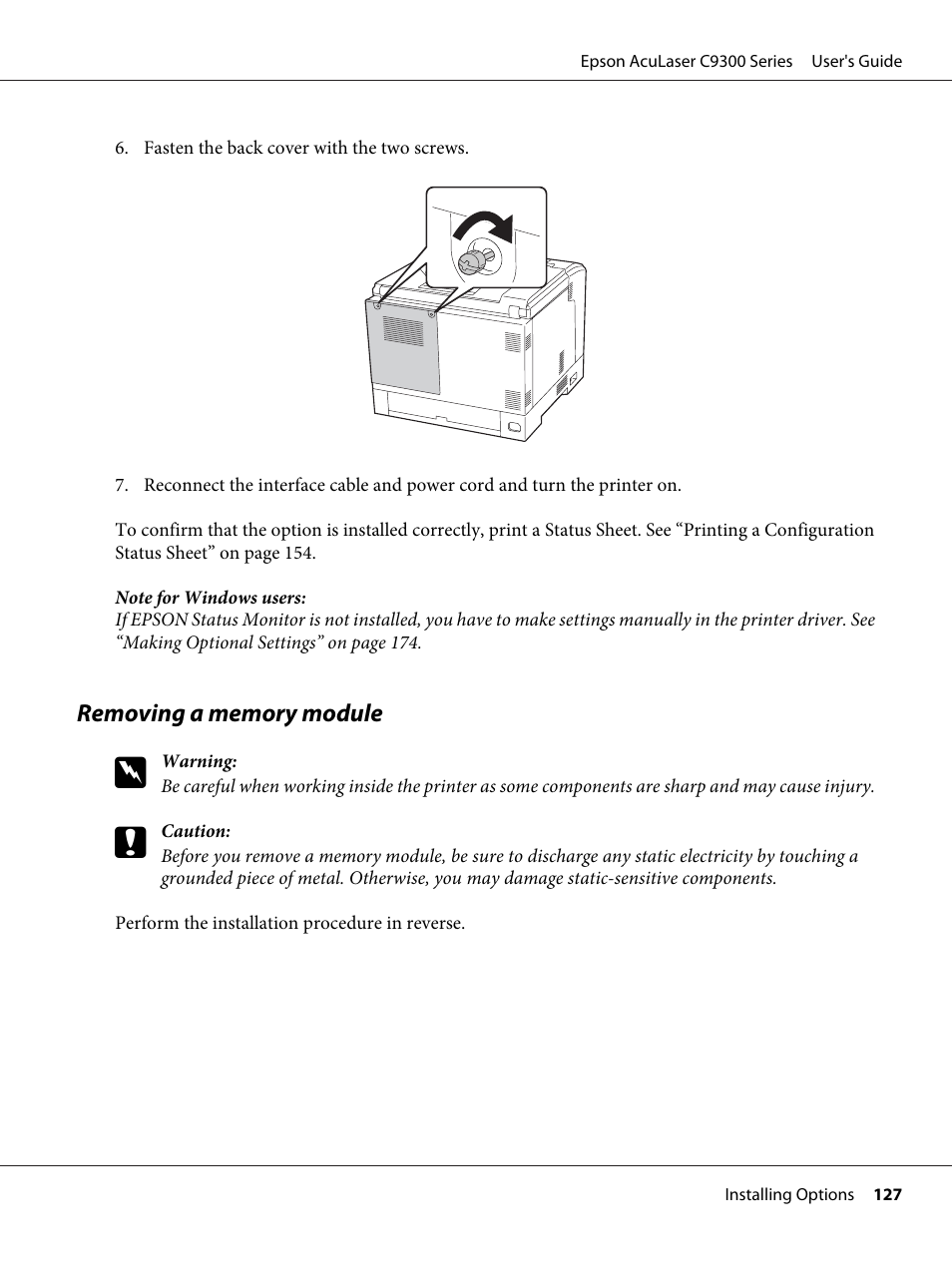 Removing a memory module | Epson AcuLaser C9300 User Manual | Page 127 / 210