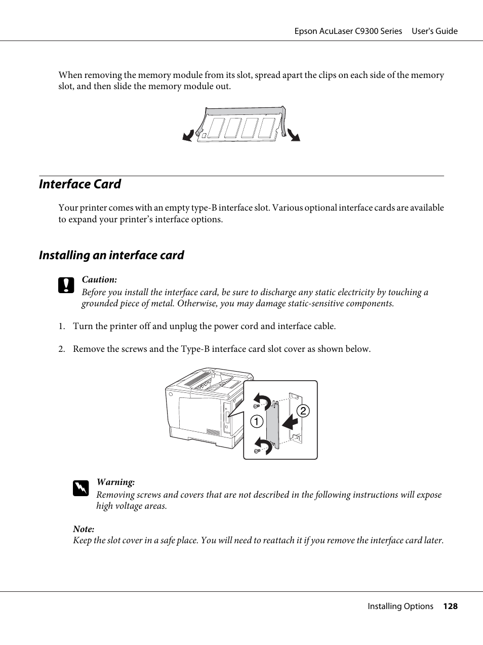 Interface card, Installing an interface card | Epson AcuLaser C9300 User Manual | Page 128 / 210