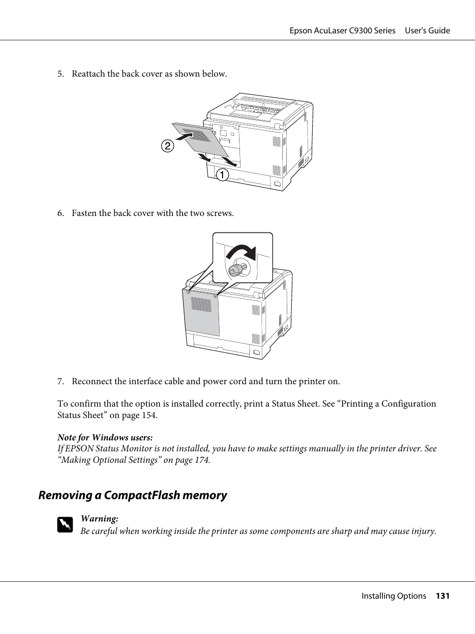 Removing a compactflash memory | Epson AcuLaser C9300 User Manual | Page 131 / 210
