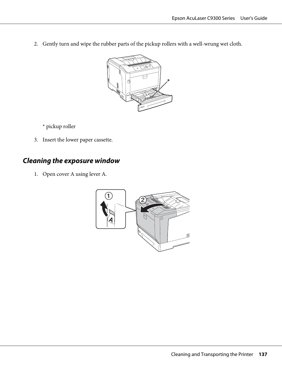 Cleaning the exposure window | Epson AcuLaser C9300 User Manual | Page 137 / 210