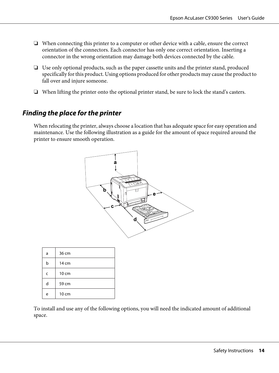 Finding the place for the printer | Epson AcuLaser C9300 User Manual | Page 14 / 210