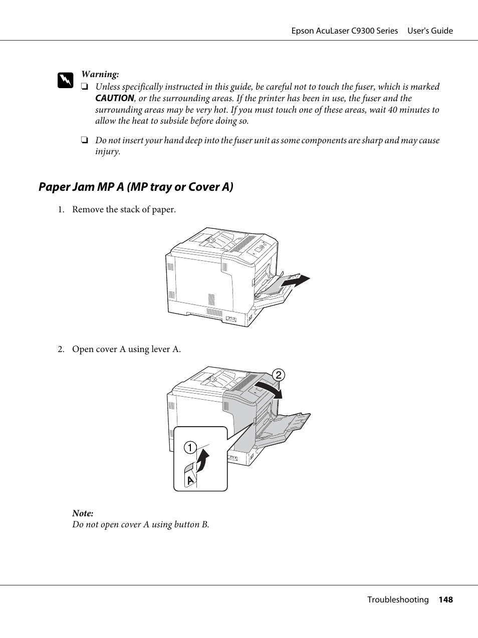 Paper jam mp a (mp tray or cover a) | Epson AcuLaser C9300 User Manual | Page 148 / 210