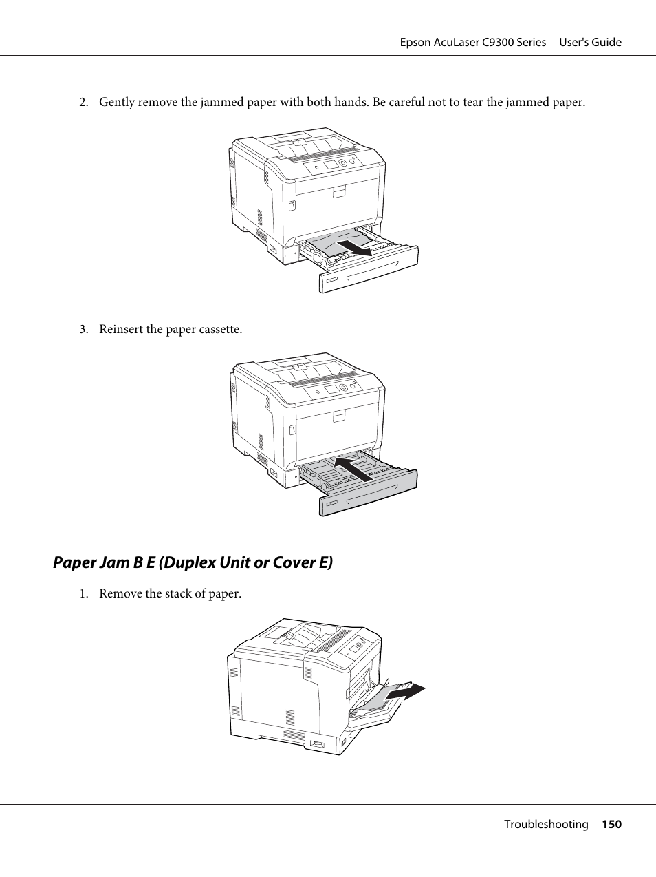 Paper jam b e (duplex unit or cover e) | Epson AcuLaser C9300 User Manual | Page 150 / 210