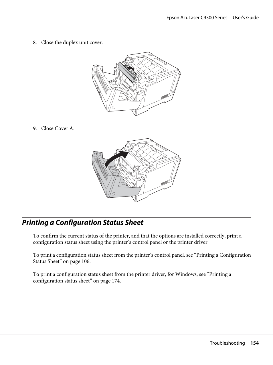 Printing a configuration status sheet | Epson AcuLaser C9300 User Manual | Page 154 / 210