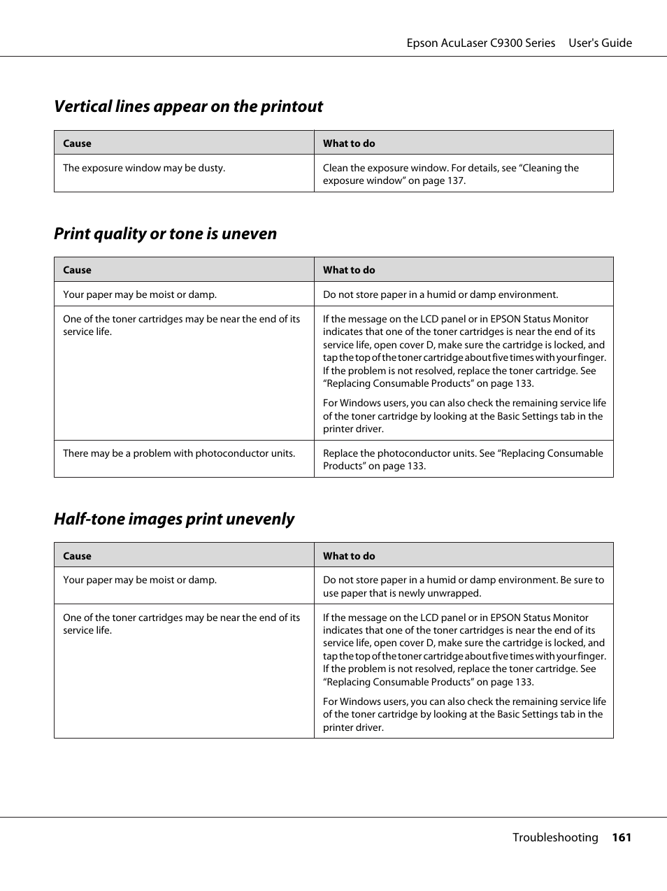 Vertical lines appear on the printout, Print quality or tone is uneven, Half-tone images print unevenly | Epson AcuLaser C9300 User Manual | Page 161 / 210