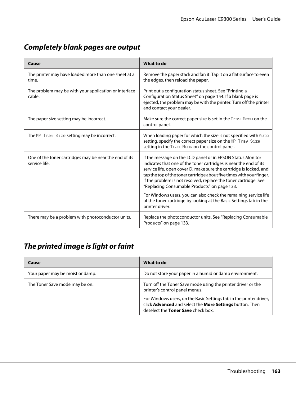 The printed image is light or faint, Completely blank pages are output | Epson AcuLaser C9300 User Manual | Page 163 / 210