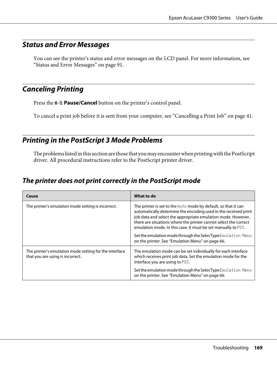 Status and error messages, Canceling printing, Printing in the postscript 3 mode problems | Epson AcuLaser C9300 User Manual | Page 169 / 210