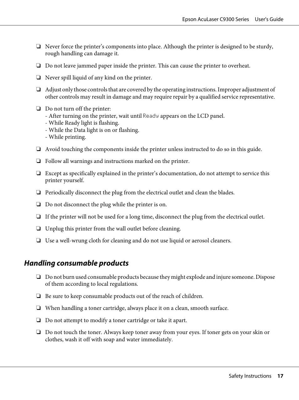 Handling consumable products | Epson AcuLaser C9300 User Manual | Page 17 / 210
