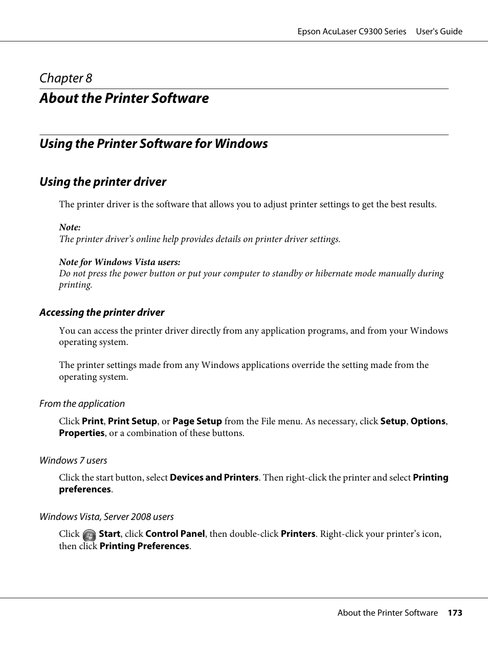 About the printer software, Using the printer software for windows, Using the printer driver | Chapter 8 about the printer software, Chapter 8 | Epson AcuLaser C9300 User Manual | Page 173 / 210