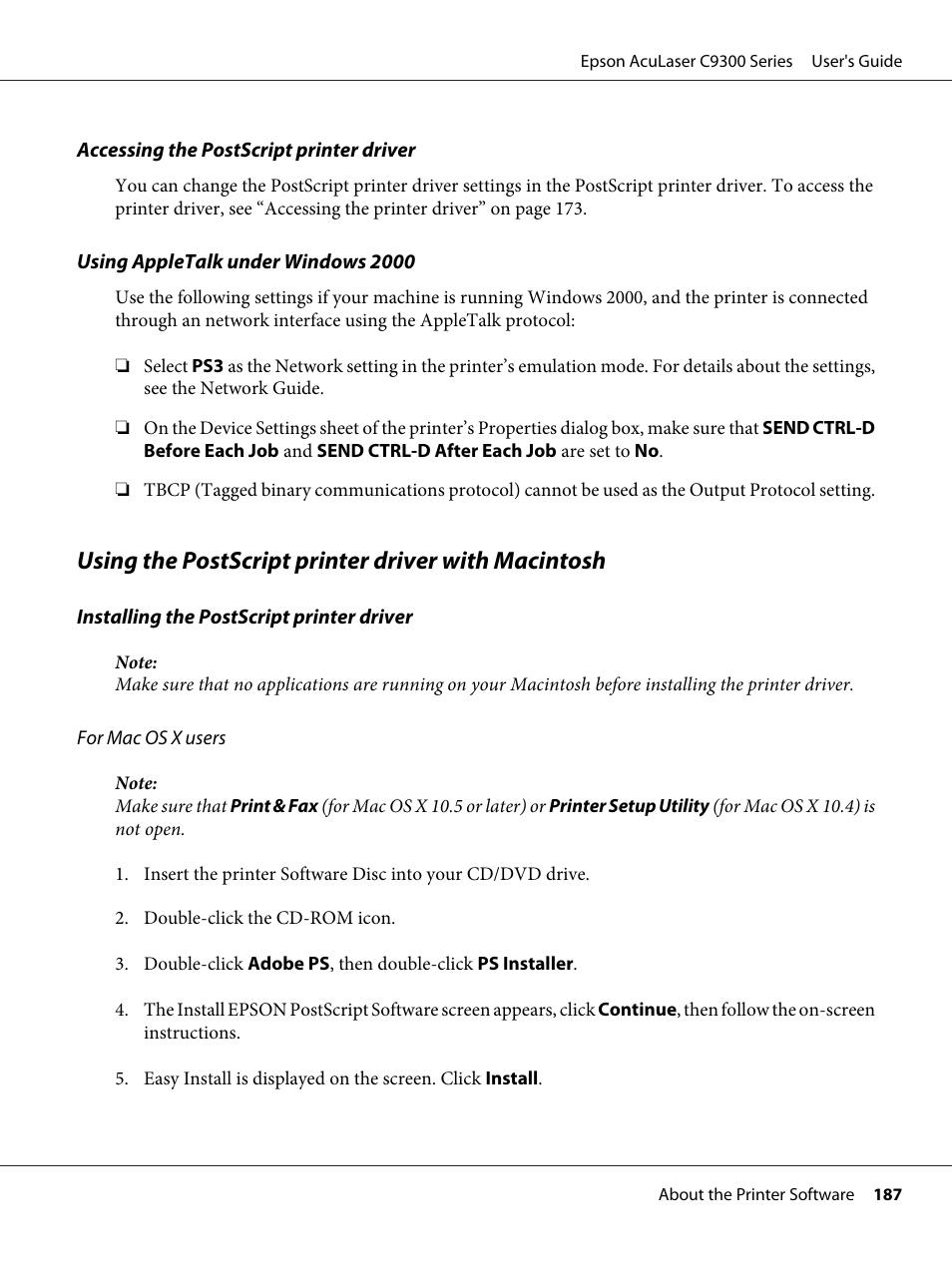 Using the postscript printer driver with macintosh | Epson AcuLaser C9300 User Manual | Page 187 / 210