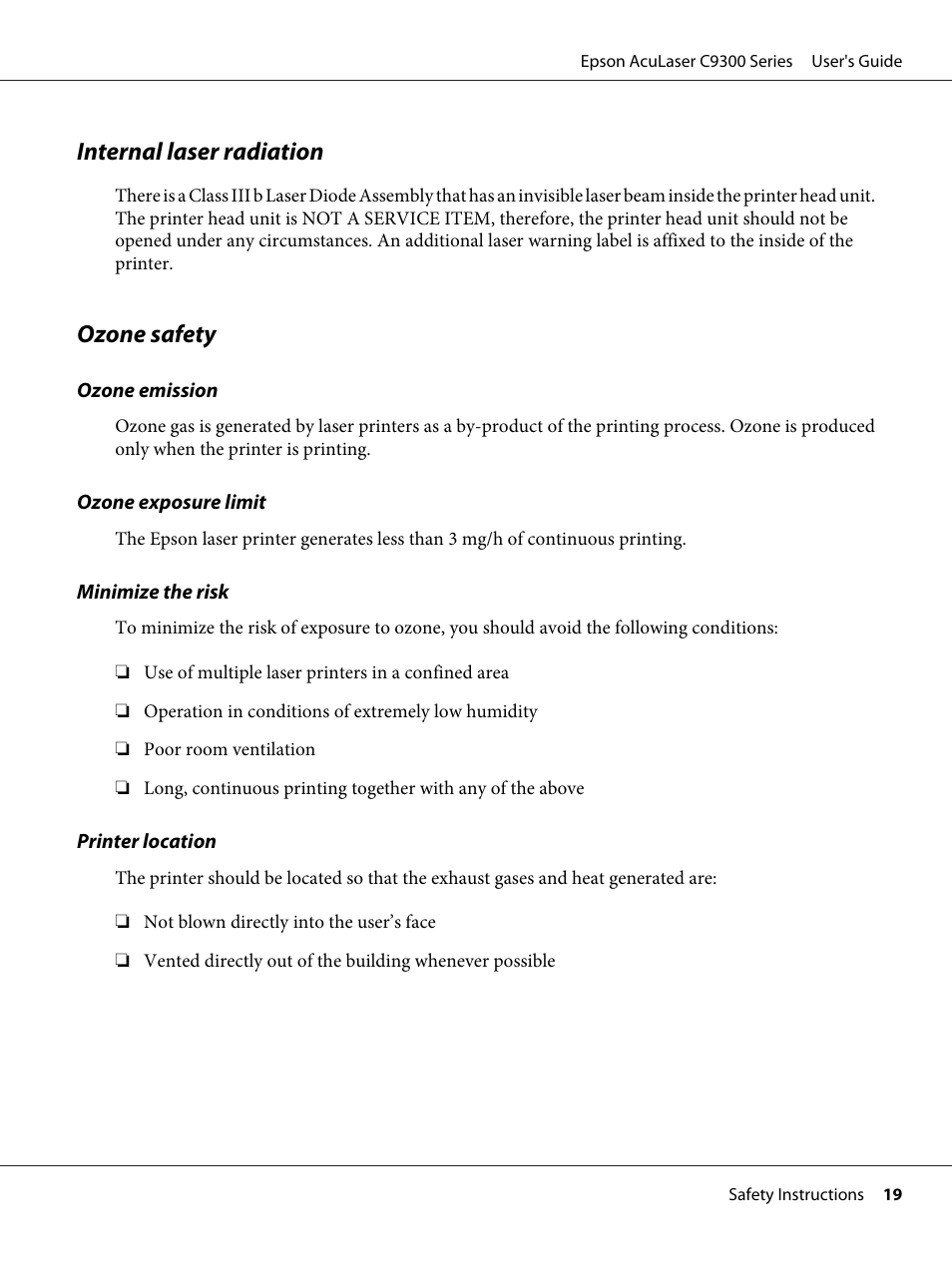 Internal laser radiation, Ozone safety, Internal laser radiation ozone safety | Epson AcuLaser C9300 User Manual | Page 19 / 210