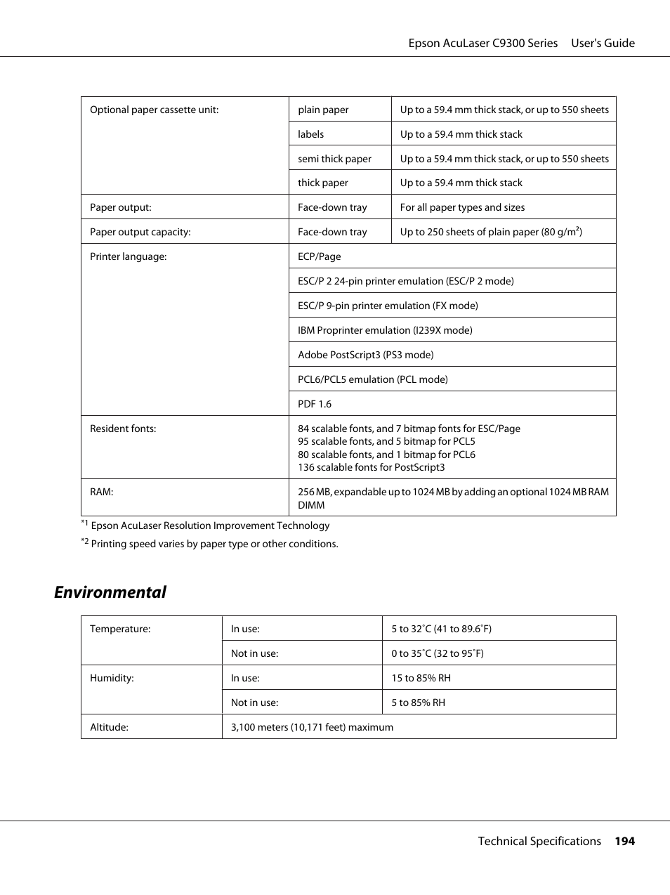 Environmental | Epson AcuLaser C9300 User Manual | Page 194 / 210