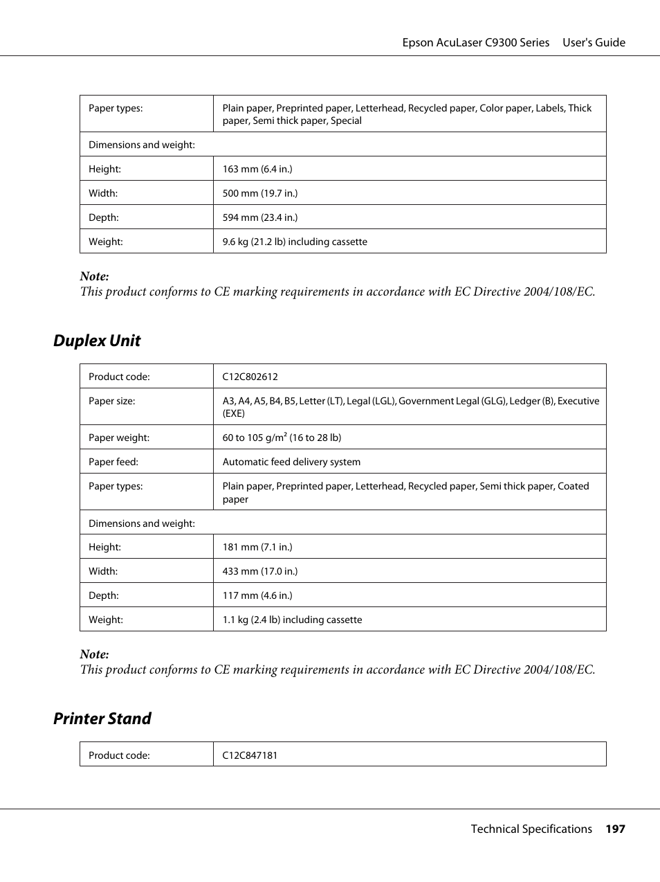 Duplex unit, Printer stand, Duplex unit printer stand | Epson AcuLaser C9300 User Manual | Page 197 / 210