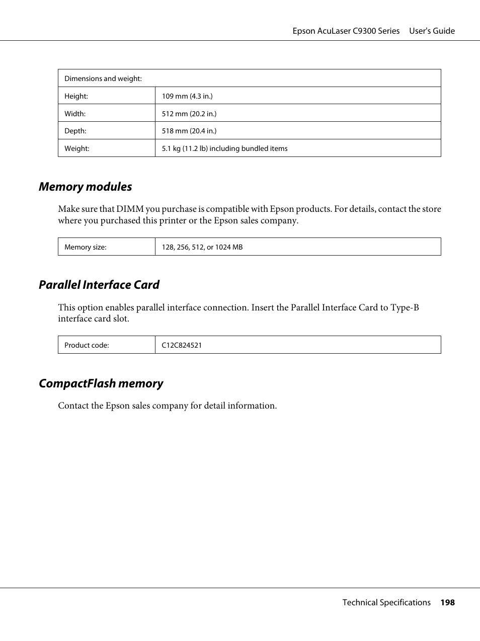 Memory modules, Parallel interface card, Compactflash memory | Epson AcuLaser C9300 User Manual | Page 198 / 210