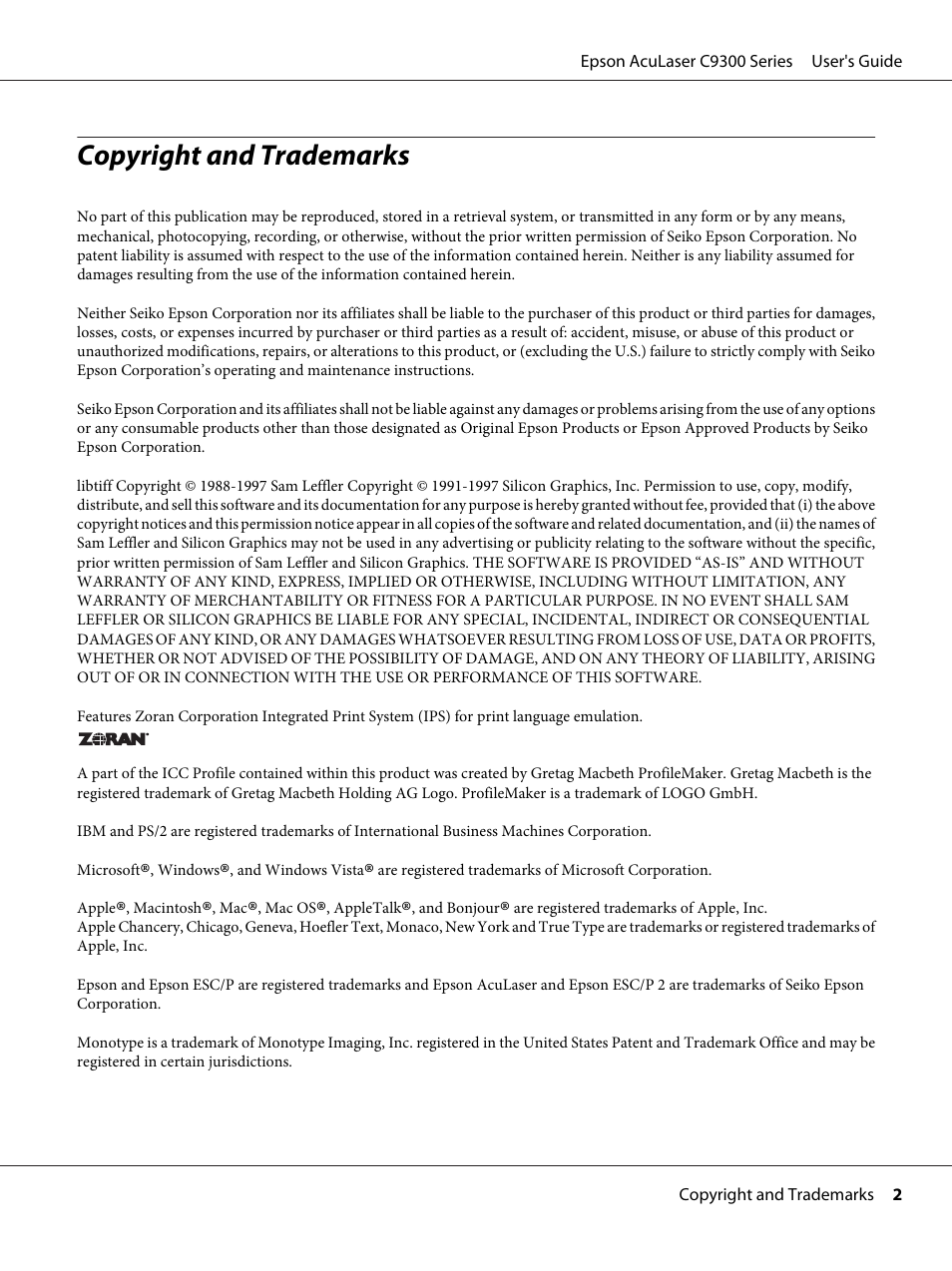 Copyright and trademarks | Epson AcuLaser C9300 User Manual | Page 2 / 210