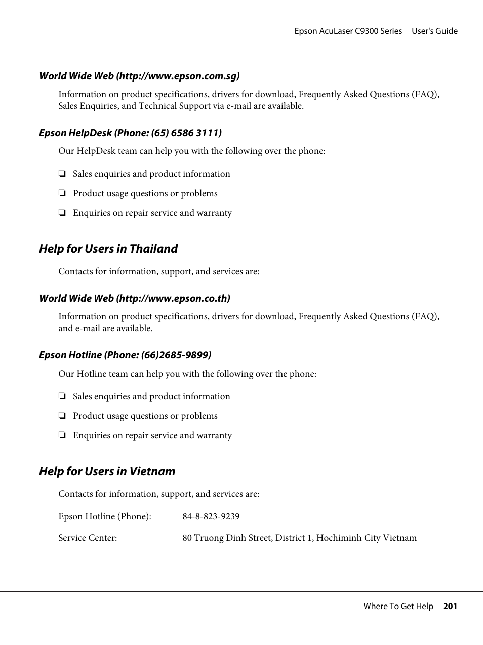 Help for users in thailand, Help for users in vietnam | Epson AcuLaser C9300 User Manual | Page 201 / 210