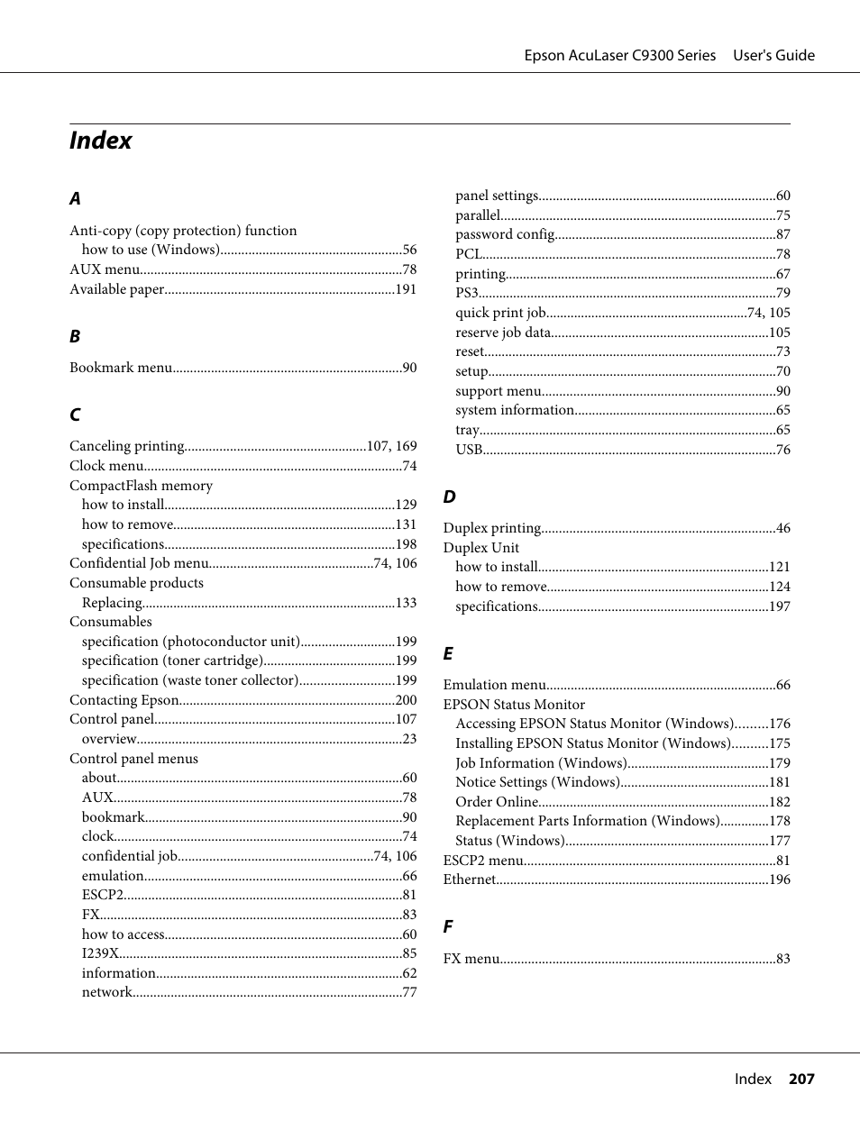 Index | Epson AcuLaser C9300 User Manual | Page 207 / 210