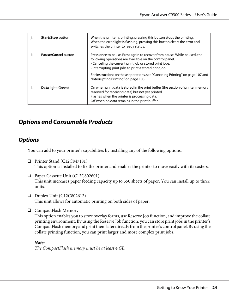 Options and consumable products, Options | Epson AcuLaser C9300 User Manual | Page 24 / 210