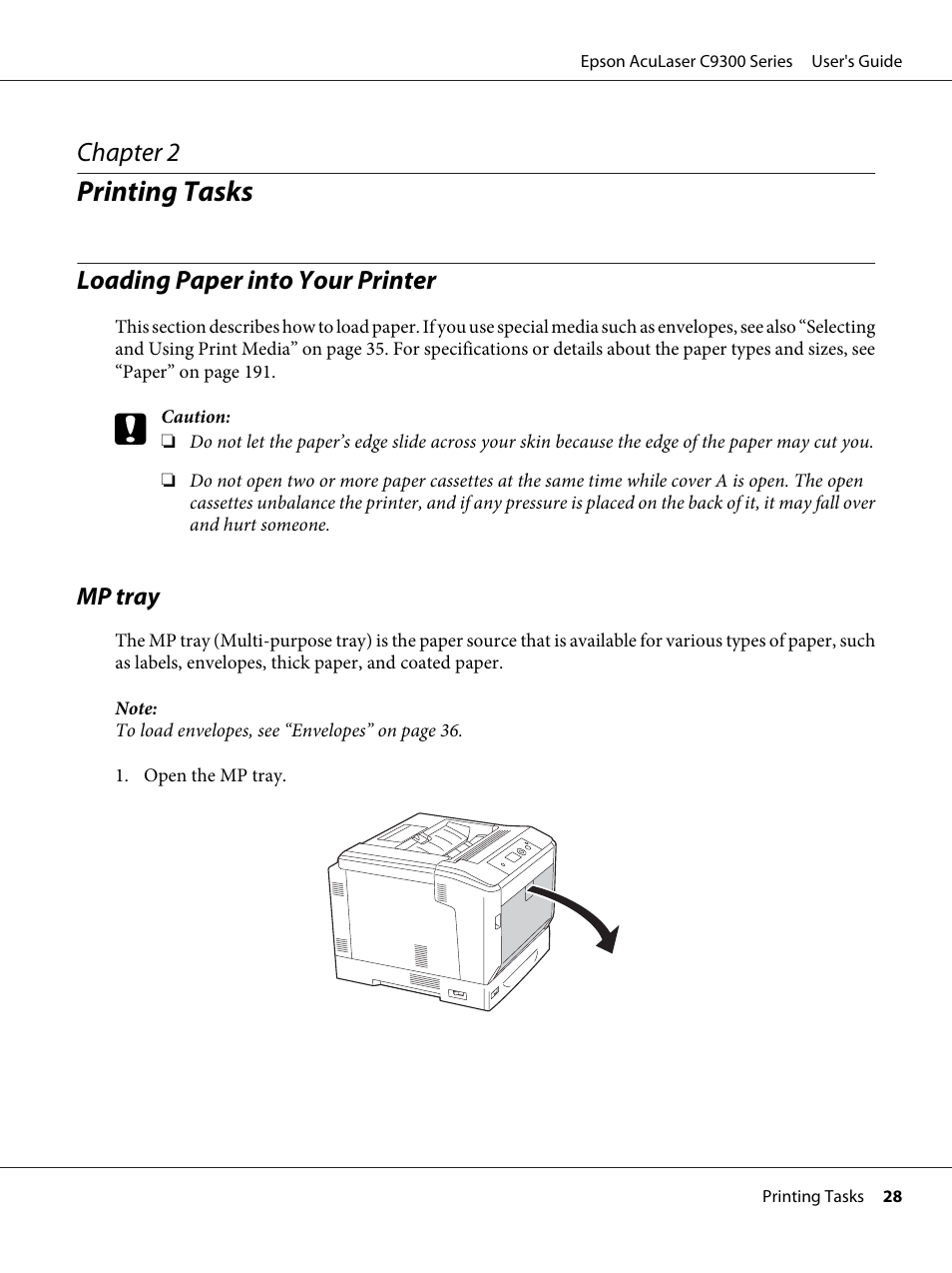 Printing tasks, Loading paper into your printer, Mp tray | Chapter 2 printing tasks, Chapter 2 | Epson AcuLaser C9300 User Manual | Page 28 / 210