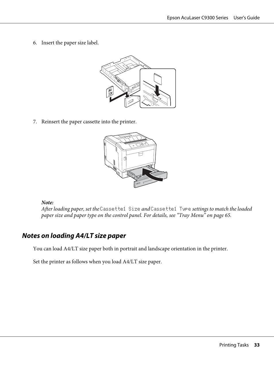 Notes on loading a4/lt size paper | Epson AcuLaser C9300 User Manual | Page 33 / 210