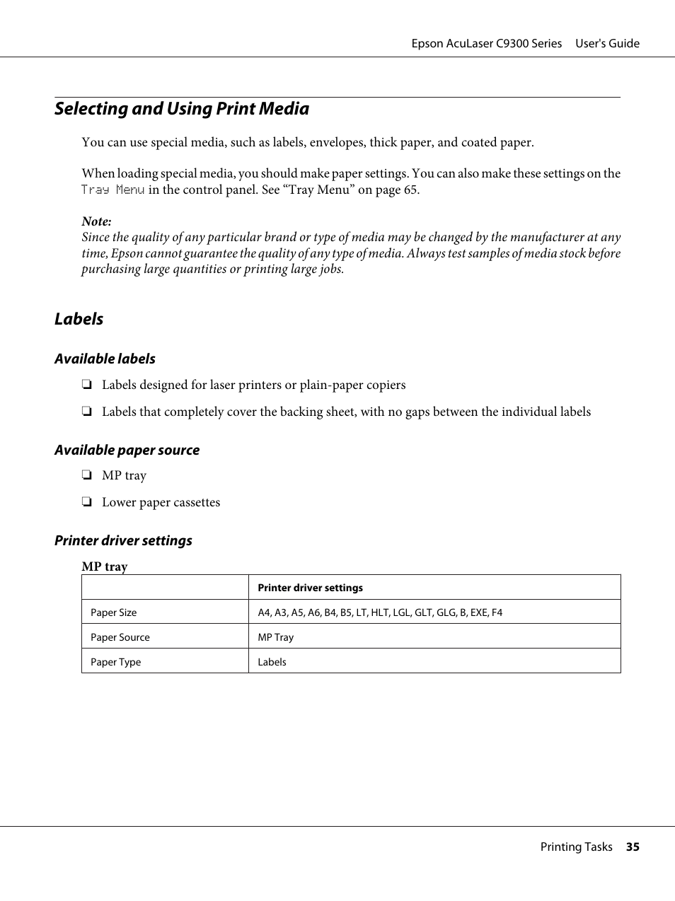 Selecting and using print media, Labels | Epson AcuLaser C9300 User Manual | Page 35 / 210