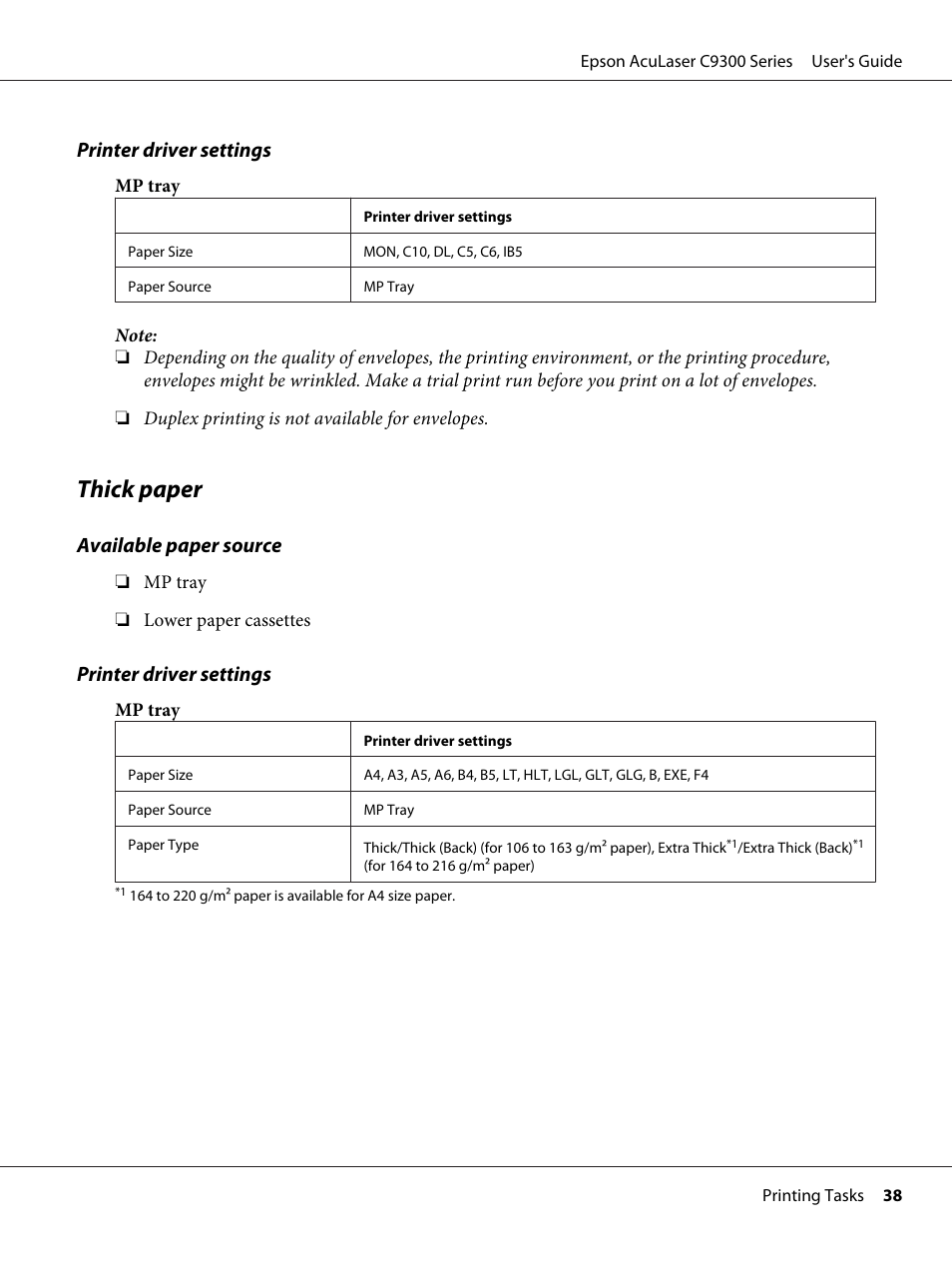 Thick paper | Epson AcuLaser C9300 User Manual | Page 38 / 210