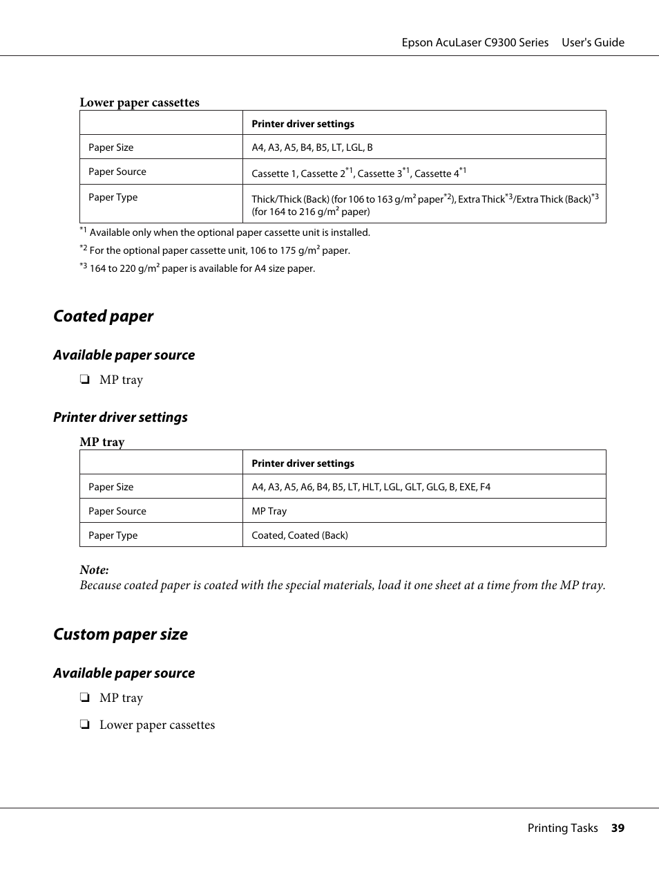 Coated paper, Custom paper size, Coated paper custom paper size | Available paper source, Printer driver settings | Epson AcuLaser C9300 User Manual | Page 39 / 210