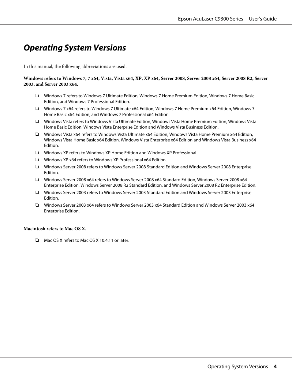 Operating system versions | Epson AcuLaser C9300 User Manual | Page 4 / 210
