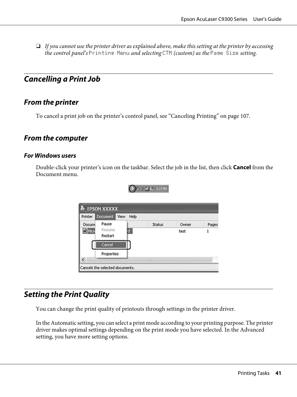 Cancelling a print job, From the printer, From the computer | Setting the print quality, From the printer from the computer | Epson AcuLaser C9300 User Manual | Page 41 / 210