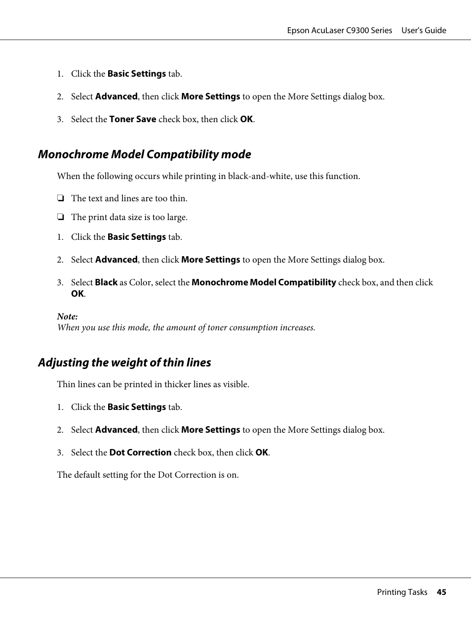 Monochrome model compatibility mode, Adjusting the weight of thin lines | Epson AcuLaser C9300 User Manual | Page 45 / 210