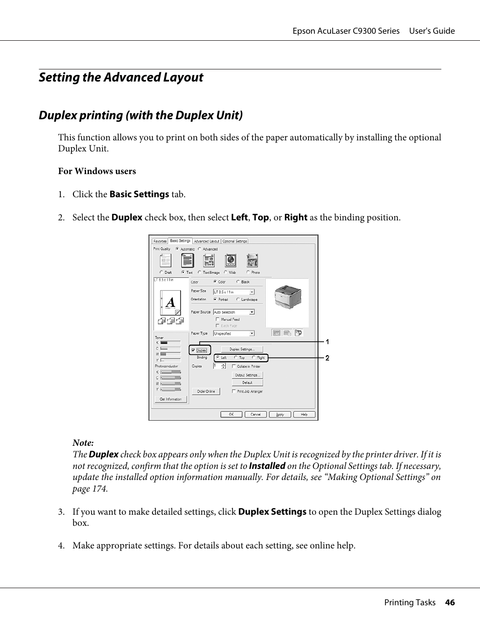 Setting the advanced layout, Duplex printing (with the duplex unit) | Epson AcuLaser C9300 User Manual | Page 46 / 210