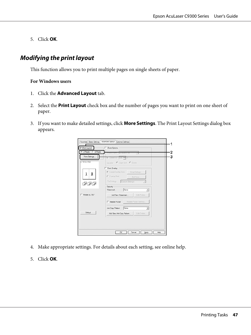 Modifying the print layout | Epson AcuLaser C9300 User Manual | Page 47 / 210
