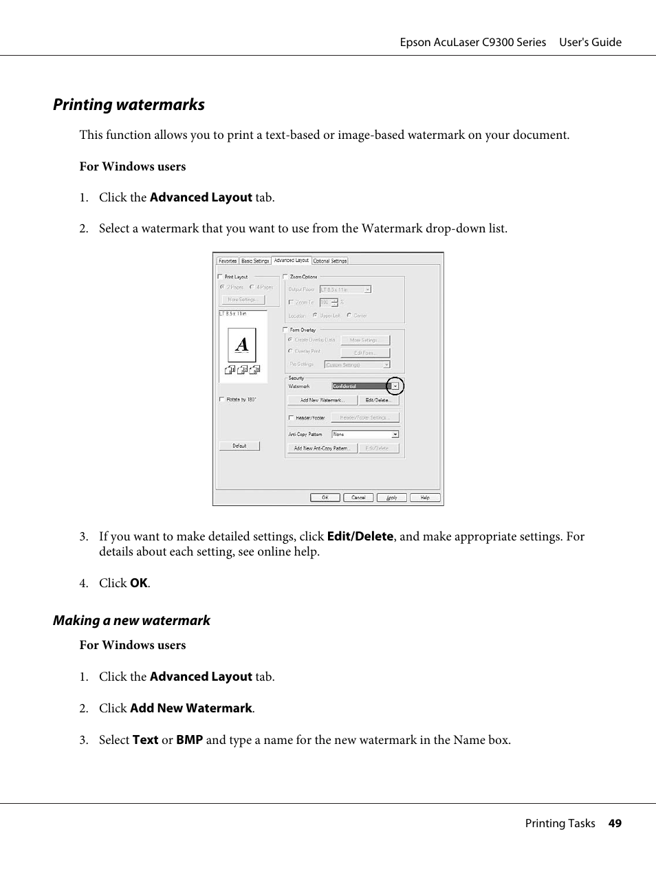 Printing watermarks | Epson AcuLaser C9300 User Manual | Page 49 / 210