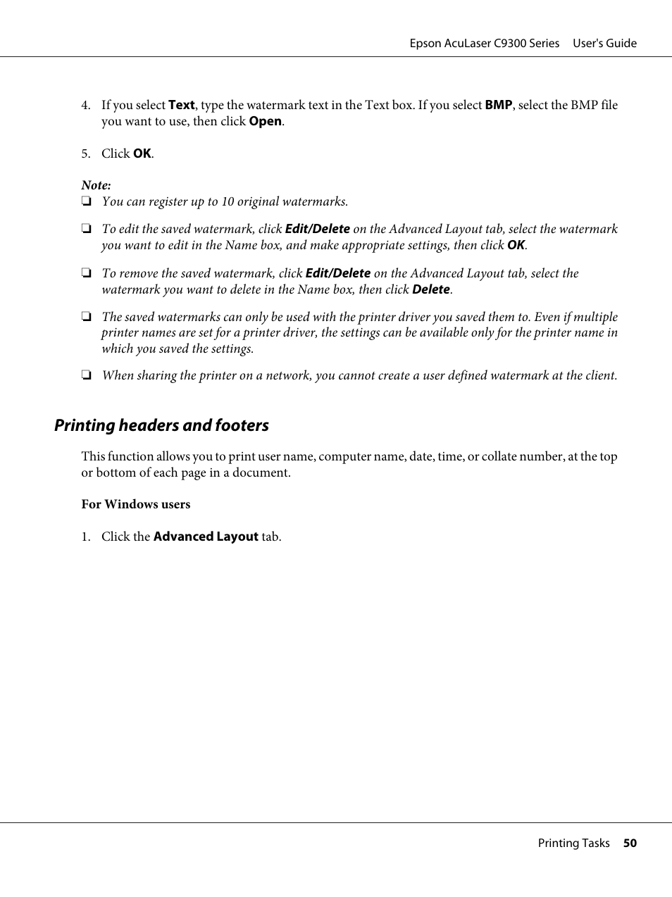 Printing headers and footers | Epson AcuLaser C9300 User Manual | Page 50 / 210
