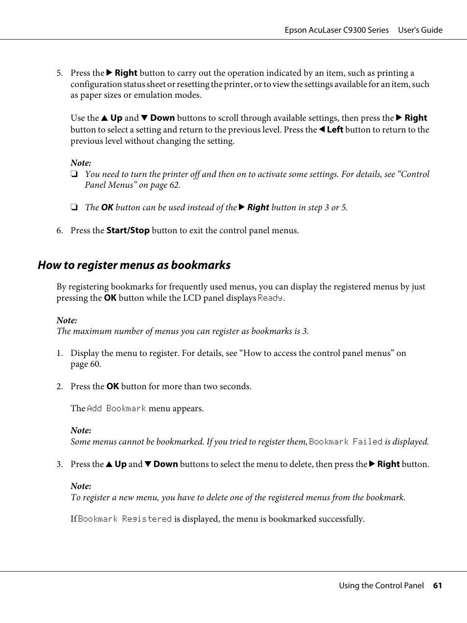 How to register menus as bookmarks | Epson AcuLaser C9300 User Manual | Page 61 / 210
