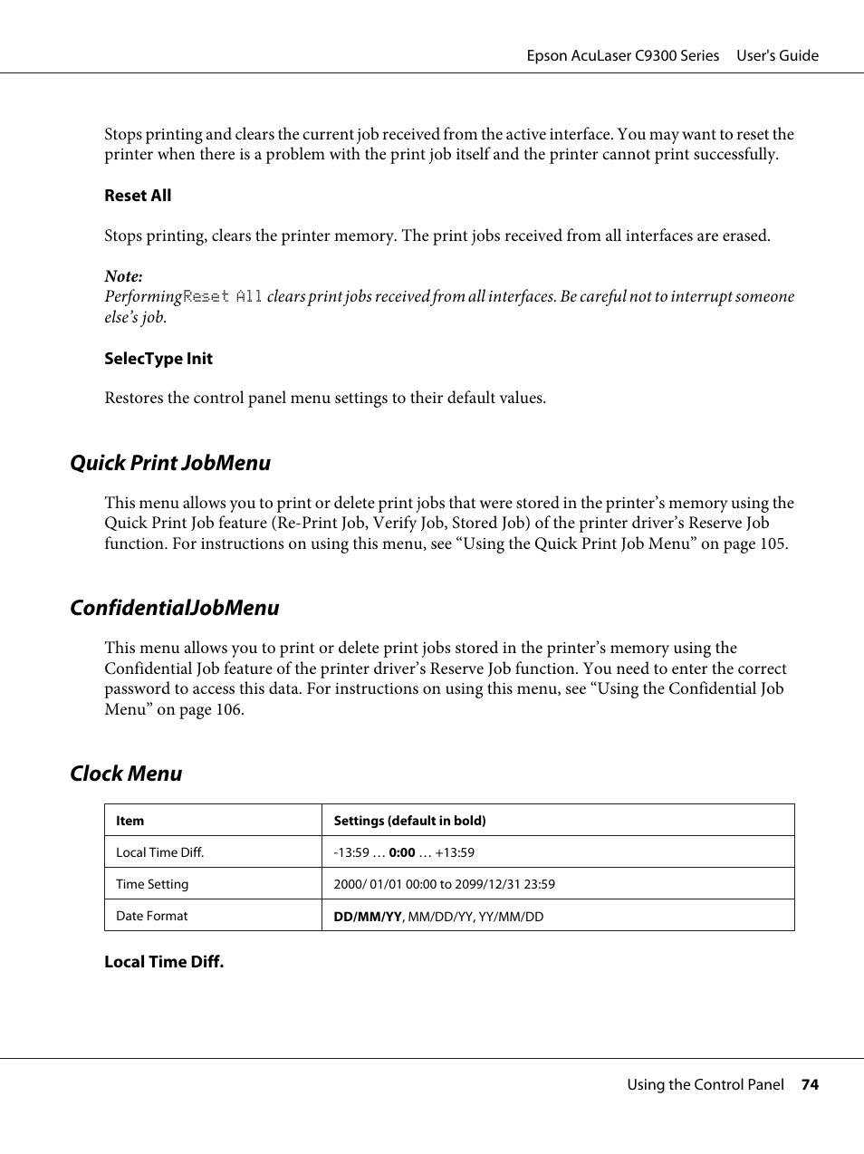 Quick print jobmenu, Confidentialjobmenu, Clock menu | Quick print jobmenu confidentialjobmenu clock menu | Epson AcuLaser C9300 User Manual | Page 74 / 210