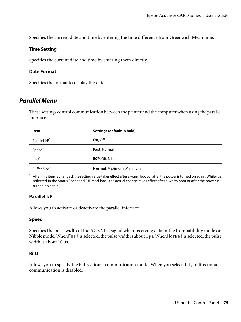 Parallel menu | Epson AcuLaser C9300 User Manual | Page 75 / 210
