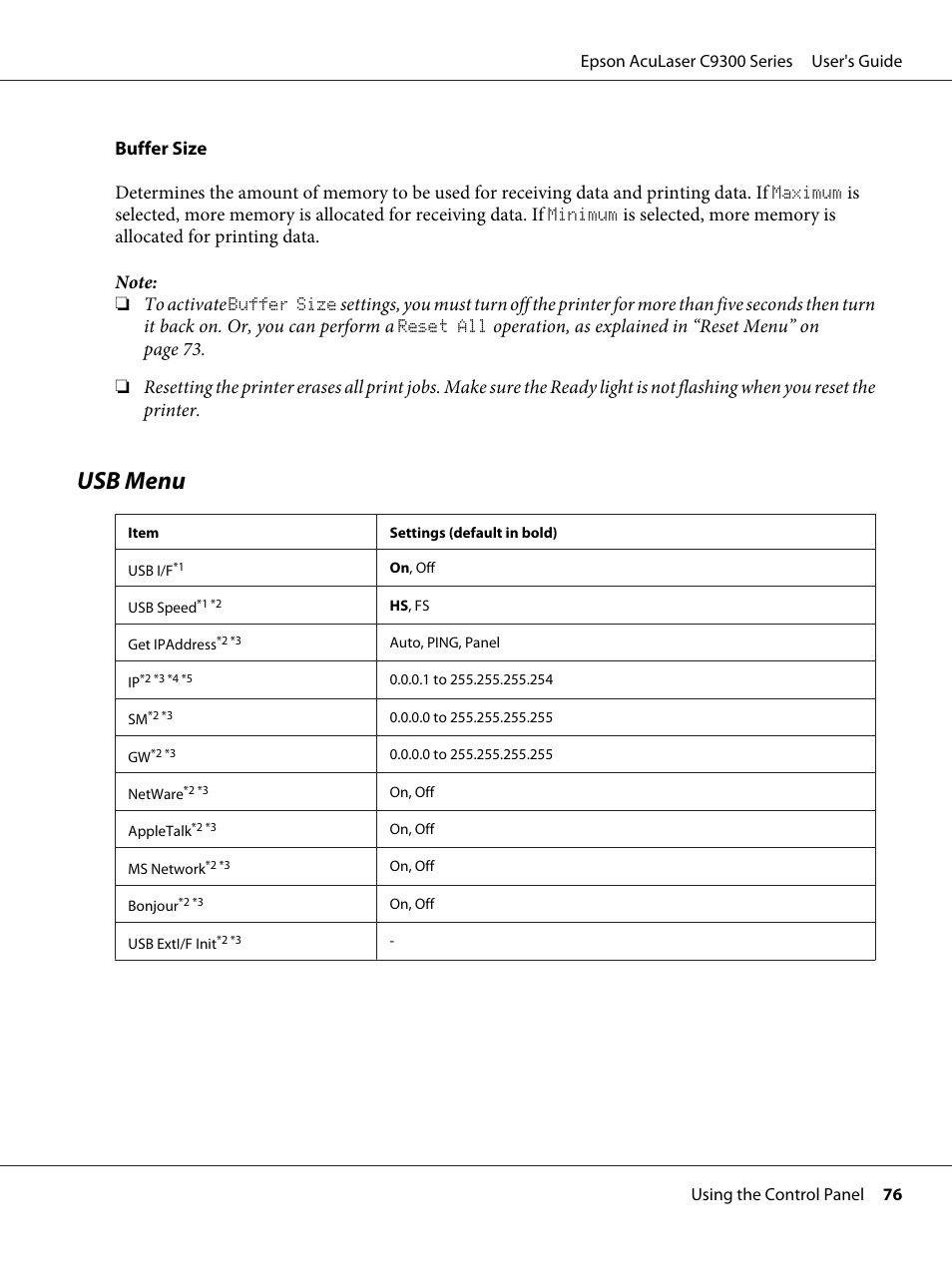 Usb menu | Epson AcuLaser C9300 User Manual | Page 76 / 210