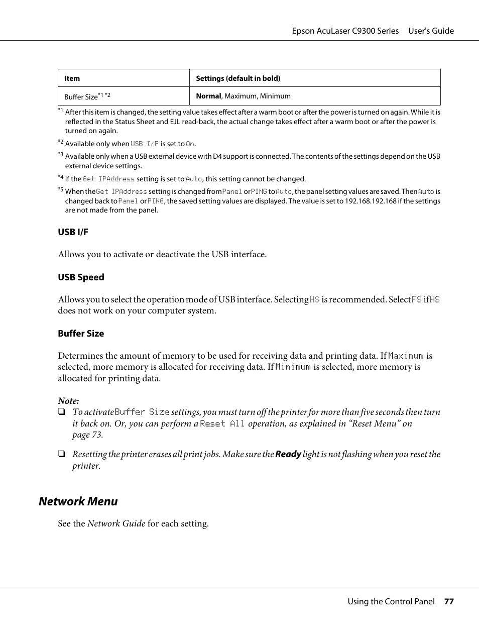 Network menu | Epson AcuLaser C9300 User Manual | Page 77 / 210