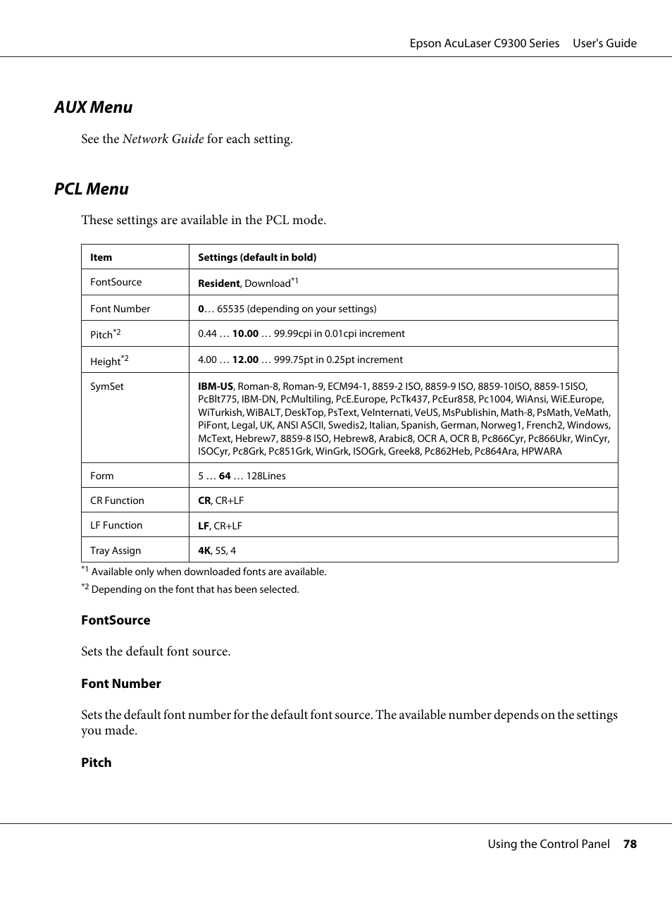 Aux menu, Pcl menu, Aux menu pcl menu | Epson AcuLaser C9300 User Manual | Page 78 / 210