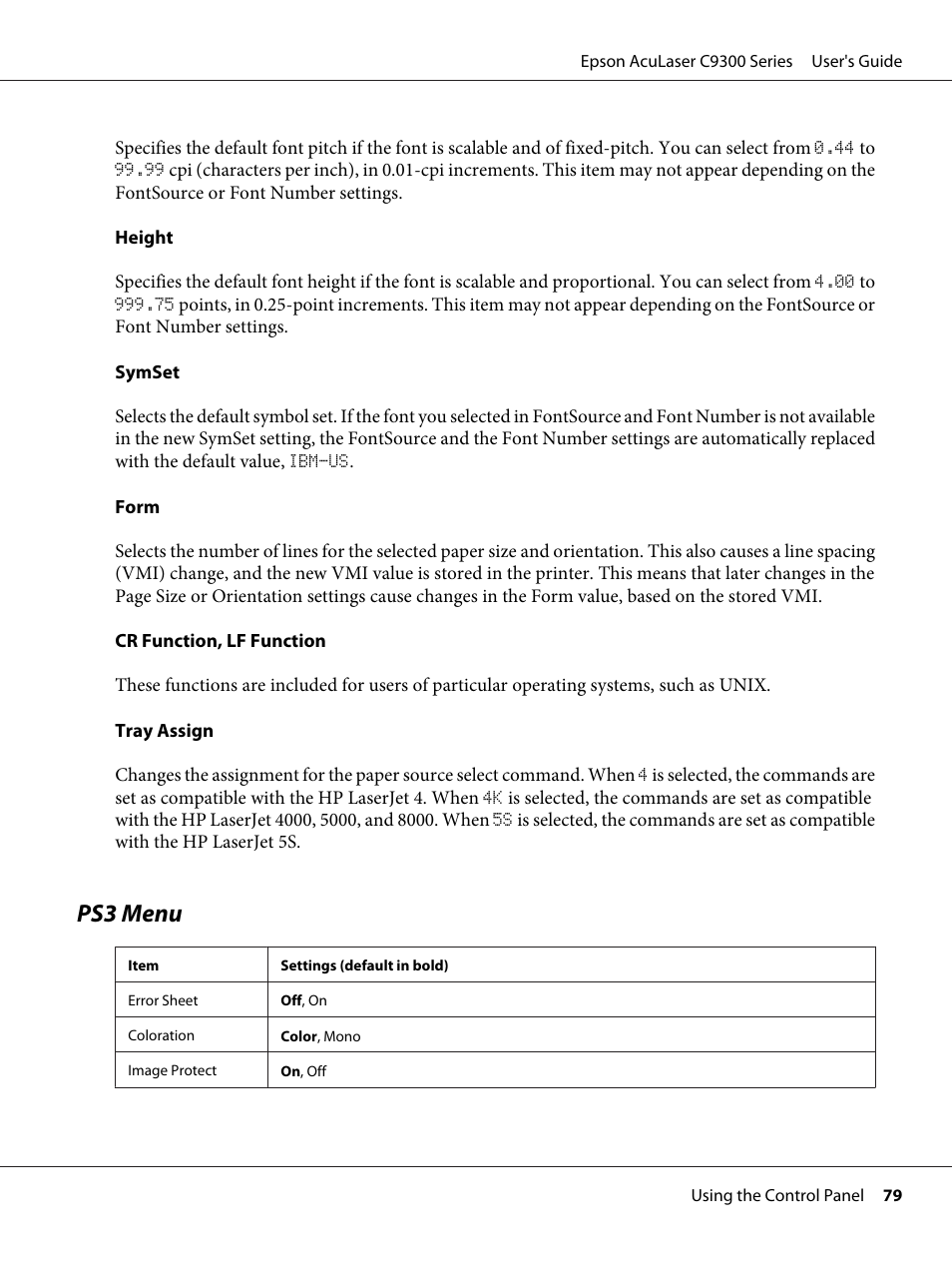 Ps3 menu | Epson AcuLaser C9300 User Manual | Page 79 / 210